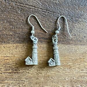 Vintage Lighthouse Dangle Earrings Pewter Silver Tone